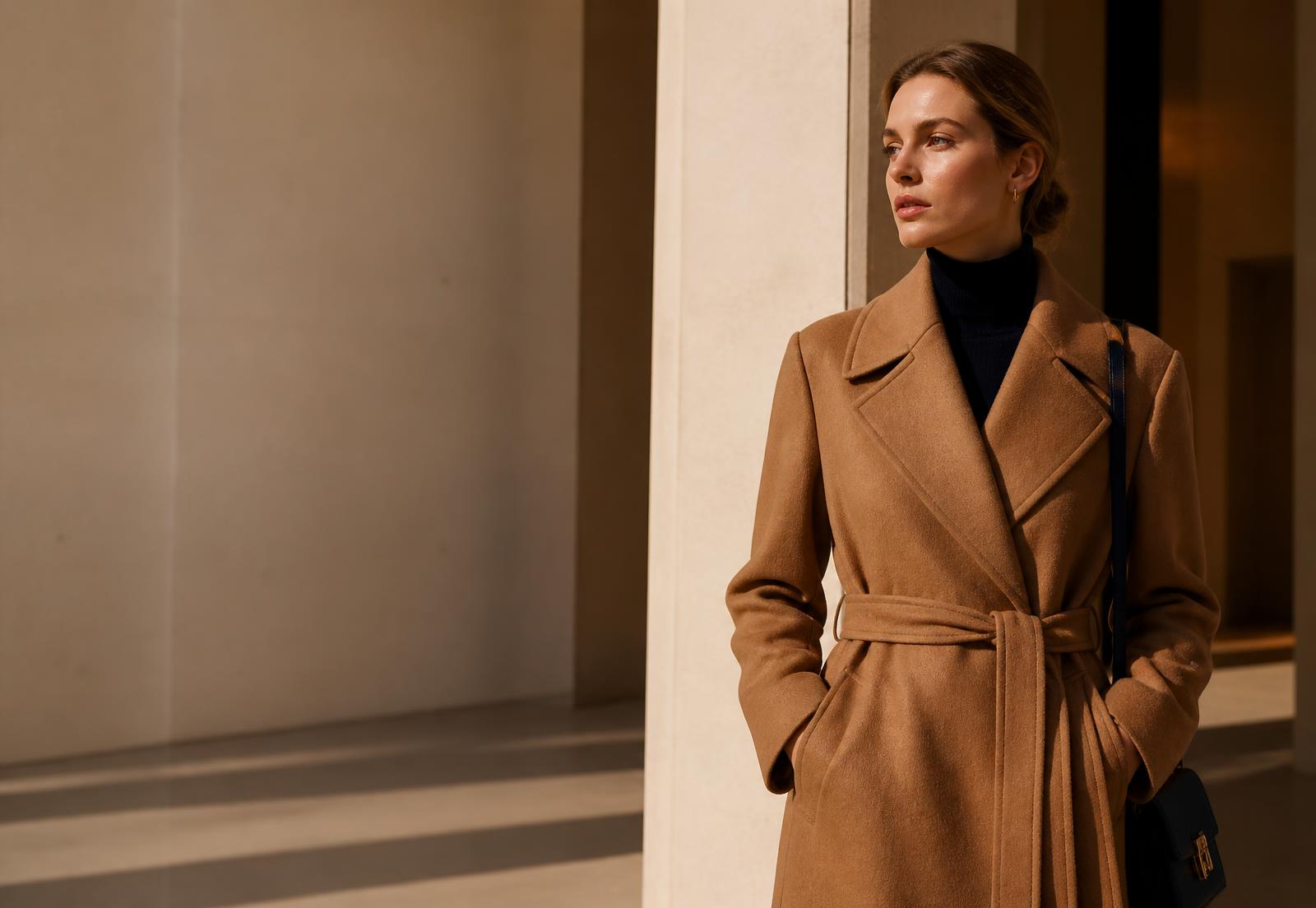 Editorial studio scene with a wool coat, leather bag and ceramics